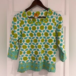 Ruby Rd Small Blue Green Jeweled Geometric Embellished Neck Line Top Bohemian